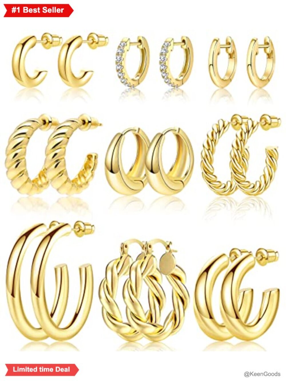 9 Pairs Gold Hoop Earrings Set 14K Gold Plated Twisted Huggie Hoops Lightweight